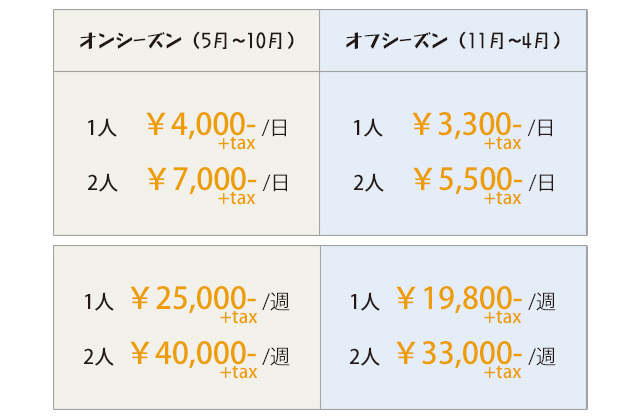 個室料金　オンシーズン(5月〜10月)　１日：１人4,000円+tax、２人7,000円+tax